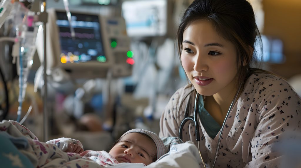 A compassionate healthcare professional gently attends to a newborn in a hospital setting, highlighting the bond between caregiver and patient.
